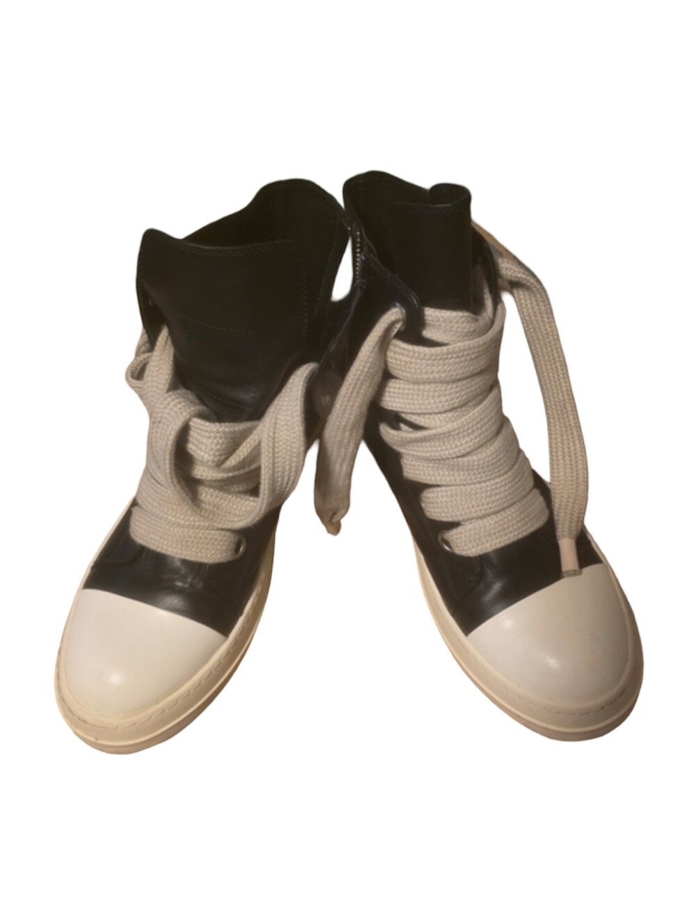 Rick Owens Black Leather High-Top Boots with White Cap Toes